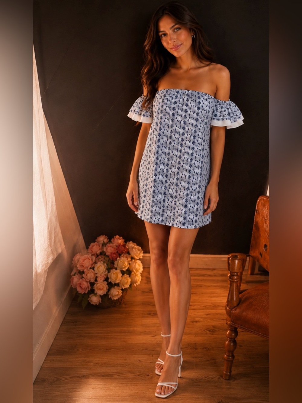 Cynthia Steffe Embroidered Striped Off-The-Shoulder Ruffle Sleeve Dress 8